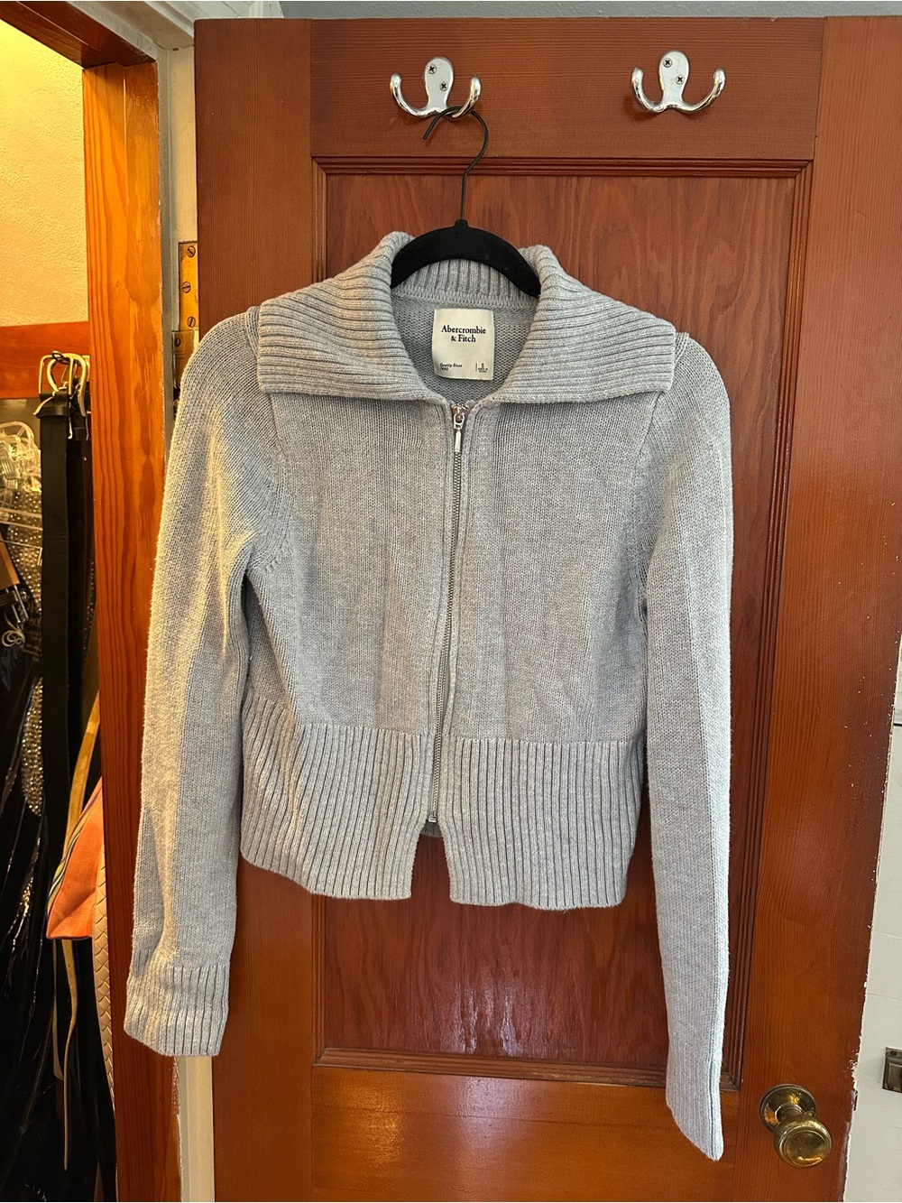 Abercrombie & Fitch Light Gray Zip-Up Ribbed Collar Cardigan